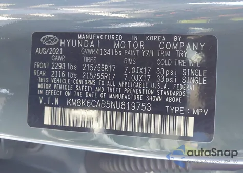 2022 Hyundai Kona Sel z USA, uszkodzony, nr VIN KM8K6CAB5NU819753